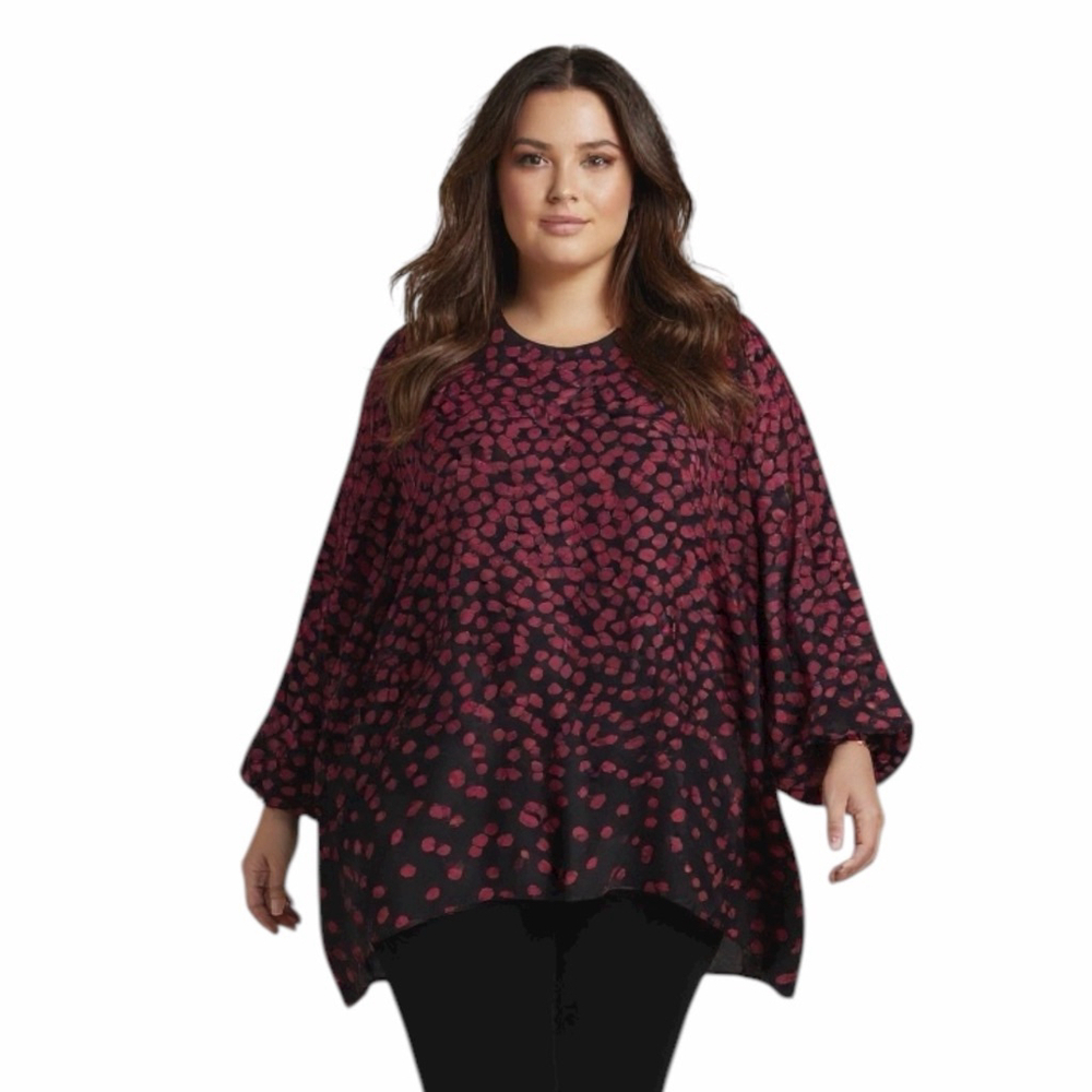 Polka Dot Womens Blouse Size XL Red Black Flowy Asymmetrical Relaxed Maximalist